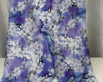 100% Mulberry Silk Chiffon Scarf - White Magnolia Flowers on Purple & Blue - 65x190cm / 25x75 inches - Buy 3 or More = Zero Postage / Ship