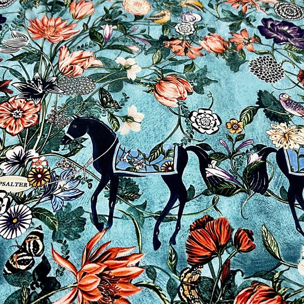 Mulberry Silk Scarf Crepe Horses Tulips Birds Jade Green Aqua Turquoise 70x190cm