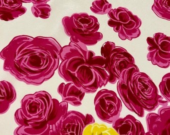 100% Mulberry Silk Scarf Dark Pink Yellow Roses off White - Stunning Shimmer Crepe 50x200cm