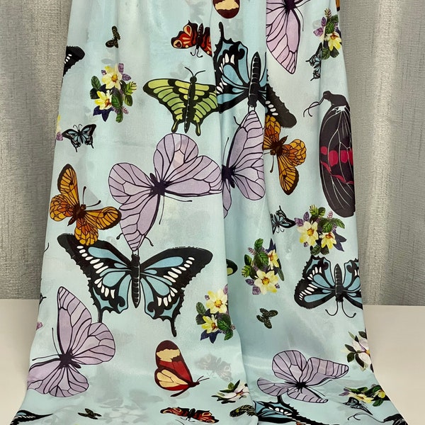 100% Mulberry Silk Scarf - Crepe de Chine - Butterflies on Pale Blue - 65x200cm / 25x78 inches - Buy any 3 = Zero Postage