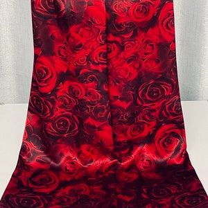 100% Mulberry Silk Scarf Shawl Wrap - Exquisite Dark Red & Black Roses on Sand Washed Smooth Silk Satin Medium Weight - 55x190cm