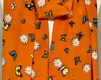100% Mulberry Silk Scarf - Crepe de Chine - Rainbow Butterflies on Orange - 65x190cm