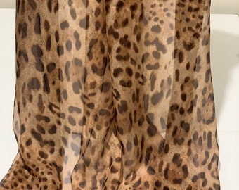 100% Mulberry Silk Chiffon Scarf ~ Brown Leopard Print ~ 60x190cm