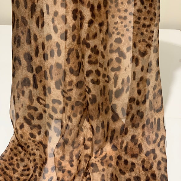 100% Mulberry Silk Chiffon Scarf ~ Brown Leopard Print ~ 60x190cm