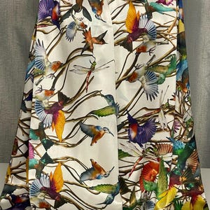 100% Mulberry Silk Scarf Shawl Wrap - Exquisite Colourful Birds on Super Smooth White Iridescent  Satin Medium Weight 65x190cm