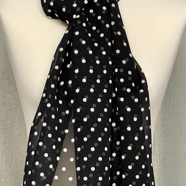 100% Mulberry Silk Chiffon Scarf - Polka Dot - White Dots on Black - 60x190cm