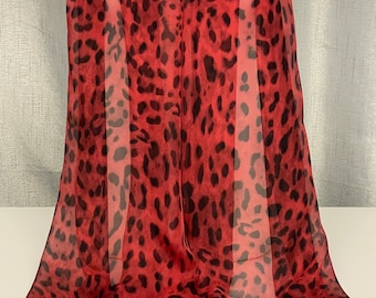 100% Mulberry Silk Chiffon Scarf ~ Dark Red & Black Leopard Print ~ 65x200cm Light and Floaty