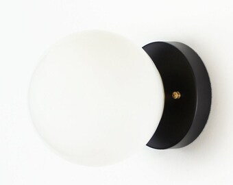 Modern wall sconce black and brass white globe | Bathroom single vanity light | Industrial semiflush wall light | Mid century modern fixture