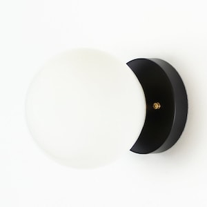 Modern wall sconce black and brass white globe | Bathroom single vanity light | Industrial semiflush wall light | Mid century modern fixture