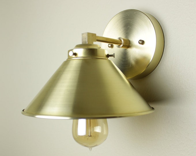 Made in USA Wall sconce raw brass, Mid century modern lighting brass single light fixture, Bedside wall light metal cone shade, more colors.