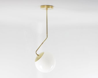 Raw Brass pendant light, White opal glass globe 8 in.,  Mid Century modern hanging light fixture, Bathroom vanity ceiling industrial pendant