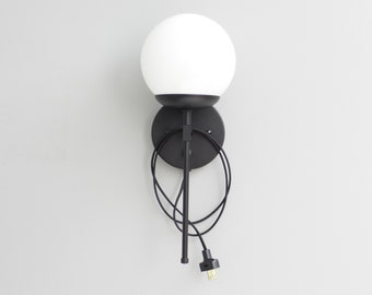 Plug in wall sconce matte black, Bedside lighting dimmer switch, Neckless white glass globe, Mid century modern wall sconce, Light fixture