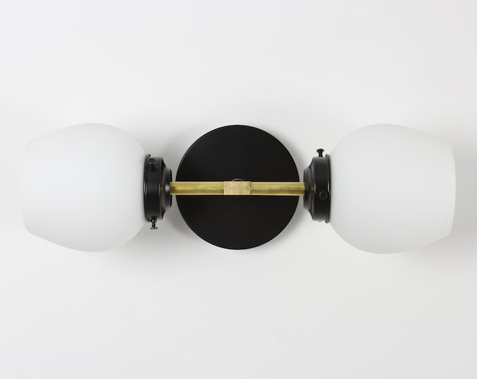 Wall Sconce - Black and Brass Wall Sconce - Glass Shades - Vanity Light - 2 Light - Mid Century - Bathroom Lighting - Modern Lighting