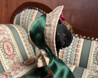 1860s Antique Doll bonnet tan and green