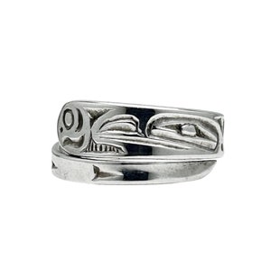 Raven and Moon Wrap Ring in Sterling Silver by First Nations Artist Robert Cross, Hand Carved Adjustable Ring
