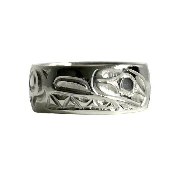 Orca and Moon Sterling Silver Ring by Haida artist Robert Cross