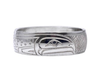 Salmon Silver Ring by First Nations Artist Travis Henry, Hand Carved Silver Band