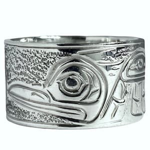 Hummingbird and Moon Silver Ring by First Nations Artist Mike Matilpi, Hand Carved Silver Band