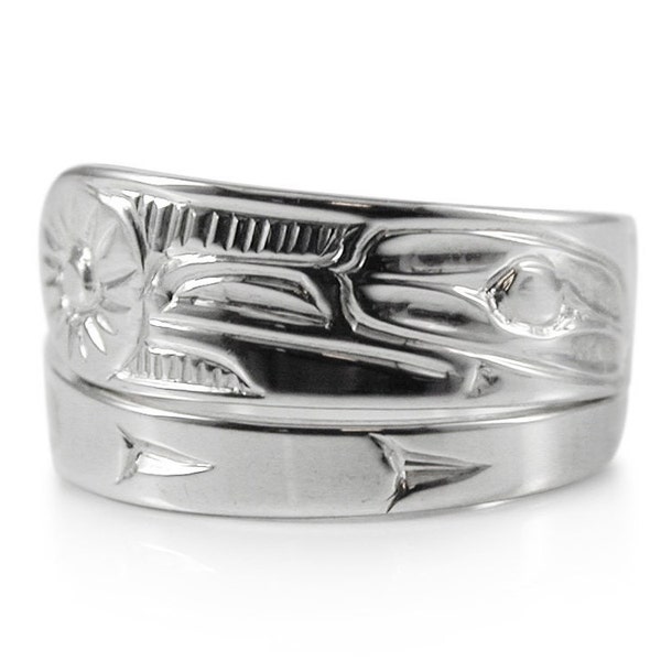 Raven and Sun Wrap Ring in Sterling Silver by First Nations Artist Robert Cross, Hand Carved Adjustable Ring