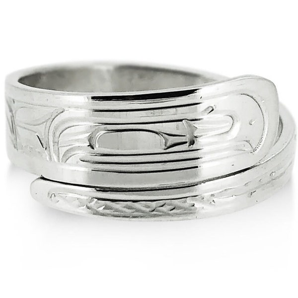 Raven Wrap Ring by First Nations Artist Victoria Harper, Hand Carved Sterling Silver Adjustable Ring
