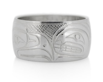 Eagle and Orca Silver Ring by First Nations Artist Travis Henry, Hand Carved Silver Band