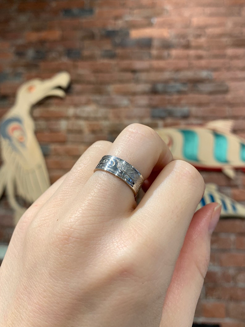 Hand Carved Silver Band Humming Bird Silver Ring by First Nations Artist Travis Henry