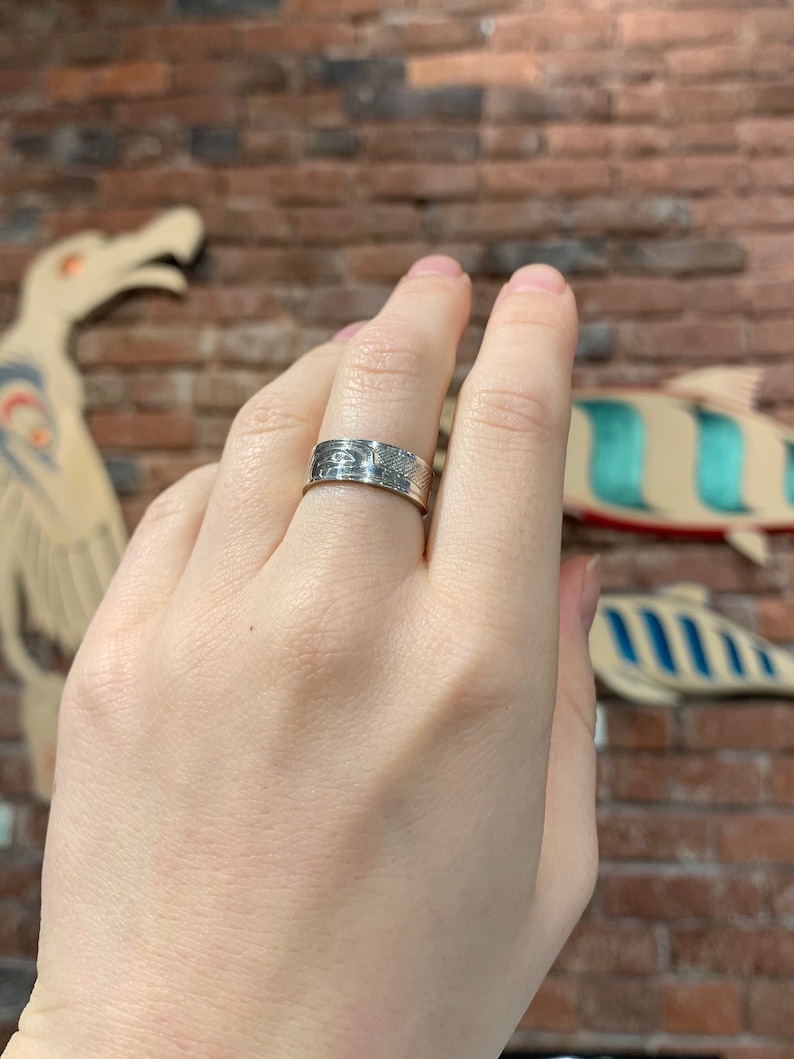 Hand Carved Silver Band Humming Bird Silver Ring by First Nations Artist Travis Henry