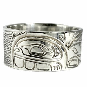 Orca Silver Ring by First Nations Artist Mike Matilpi, Hand Carved Silver Band