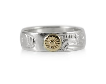 Eagle and Sun Band Ring in Gold and Silver, Hand Engraved by First Nations Artist Robert Cross