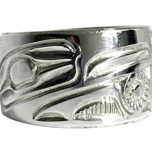 Raven and Sun Tapered Silver Band Ring, Hand Engraved by First Nations Artist Robert Cross