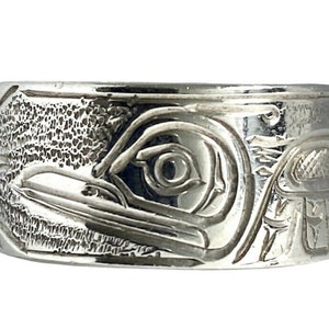 Hummingbird and Sun Silver Ring by First Nations Artist Mike Matilpi, Hand Carved Silver Band