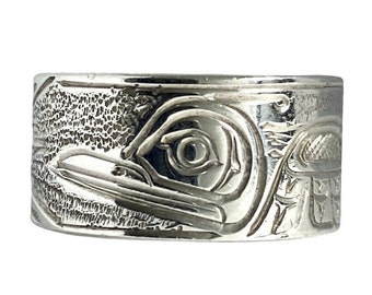 Hummingbird and Sun Silver Ring by First Nations Artist Mike Matilpi, Hand Carved Silver Band