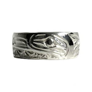 Wolf and Moon Silver Band Ring by Haida artist Robert Cross, 1/4 inch wide
