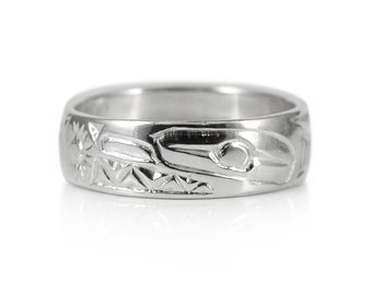 Orca and Sun Silver Band Ring, Hand Engraved by First Nations Artist Robert Cross