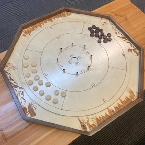 Handcrafted 30 inch Crokinole Board Game - Engraved Wildlife Design - Premium Wooden Crokinole Set with Pieces and Scoreboard