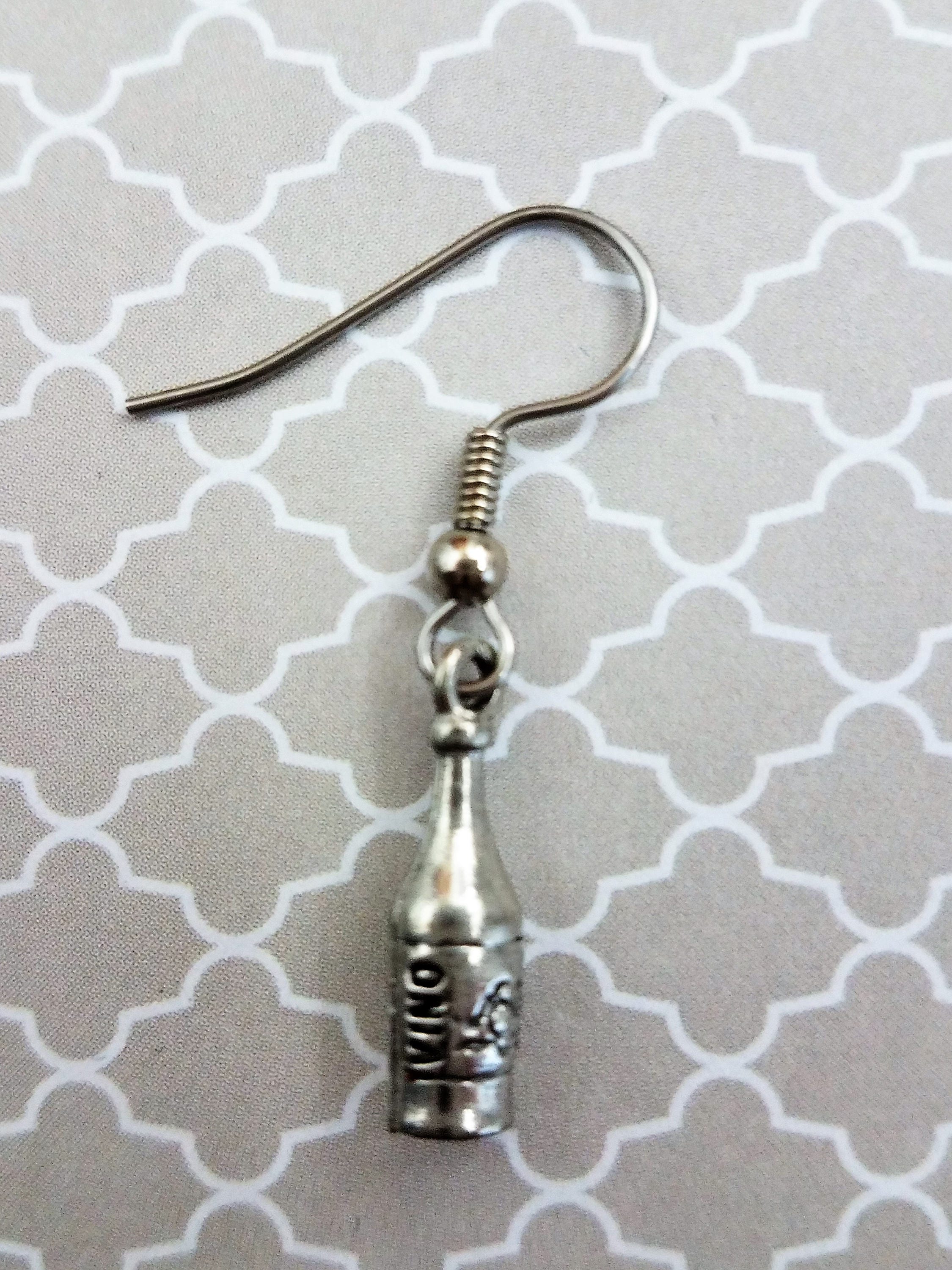 Handmade Silver Wine Bottle Earrings Dangling on Nickel Free Fish Hooks