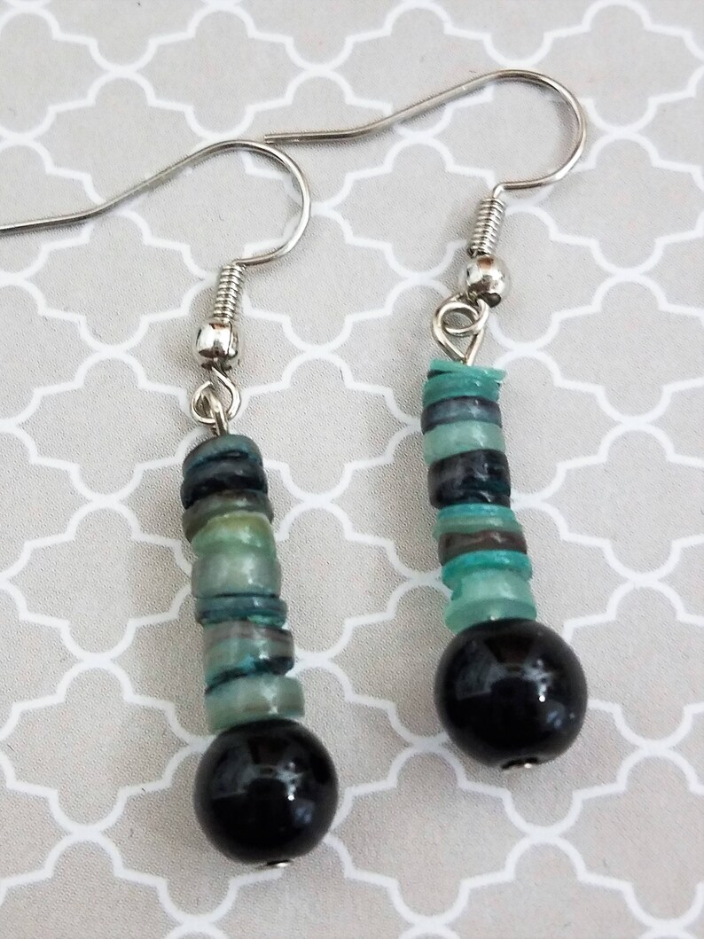 Handmade Green Tone Flat Shell Beads With Glass Black Bead for - Etsy