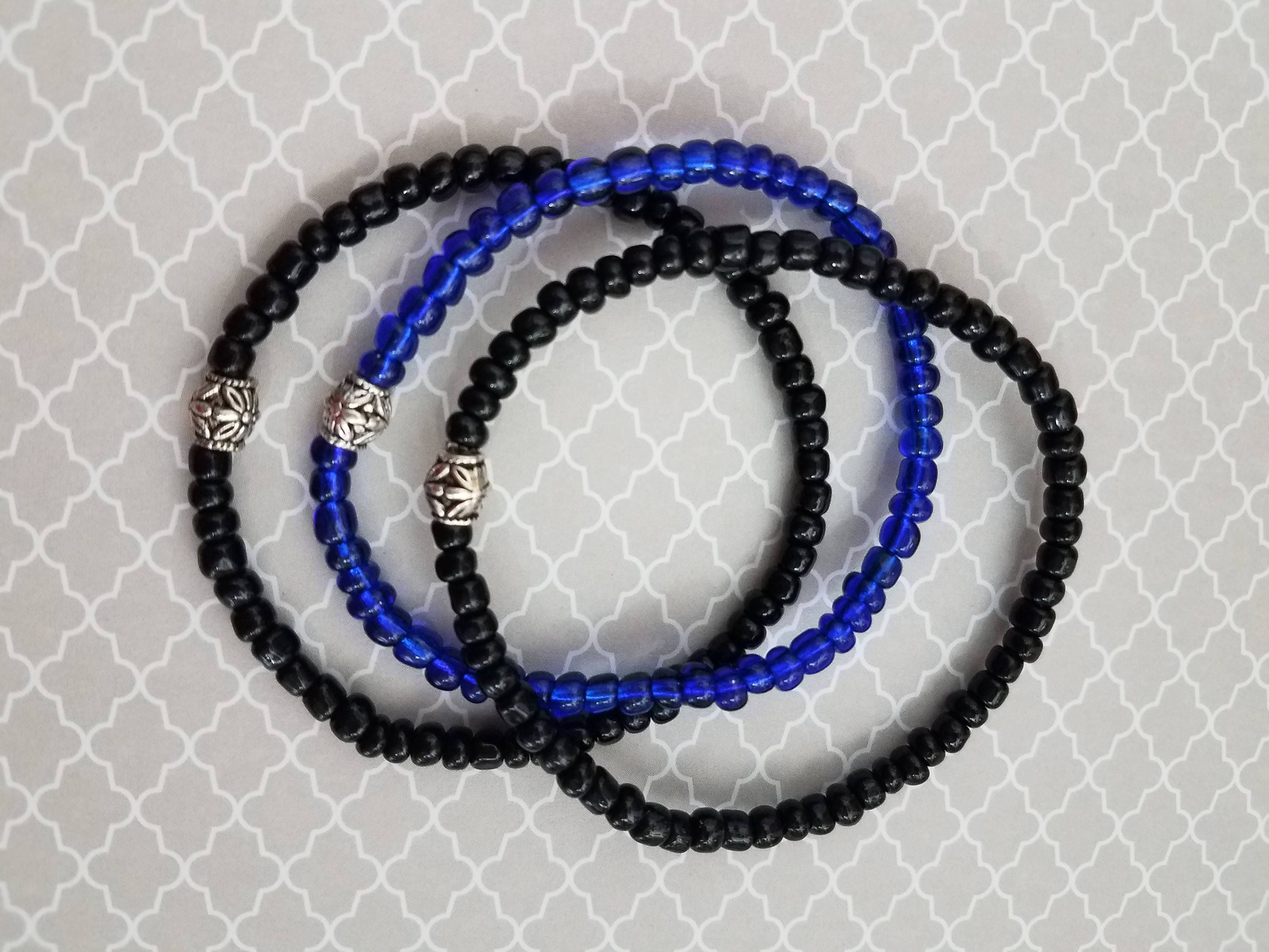 Handmade Set of 3 Thin Blue Line Bracelets With Black and Blue Glass