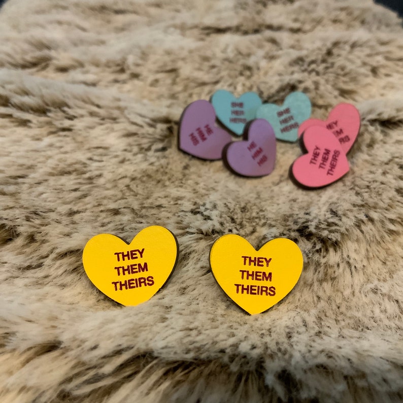 Gender pronoun conversation heart stud earrings .5\u201d sheher hehim theythem valentines