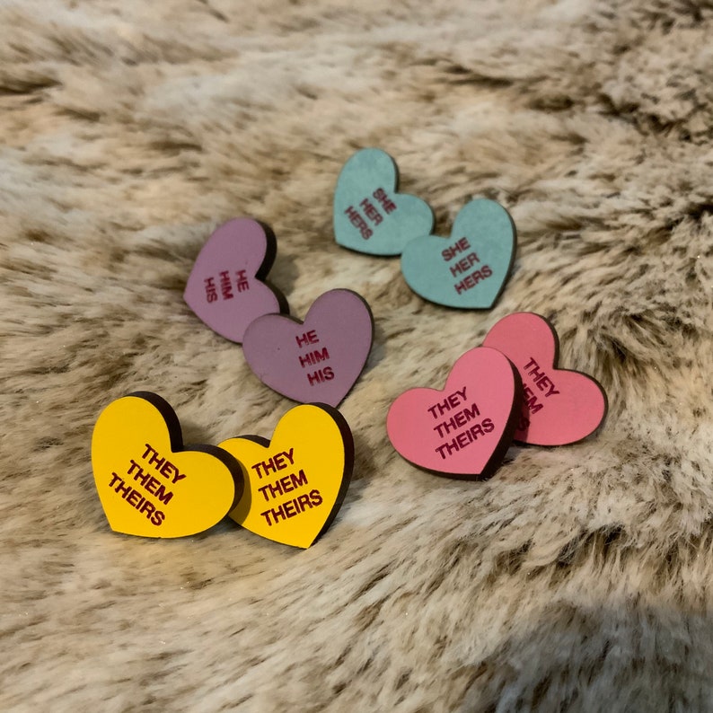 Gender pronoun conversation heart stud earrings .5\u201d sheher hehim theythem valentines