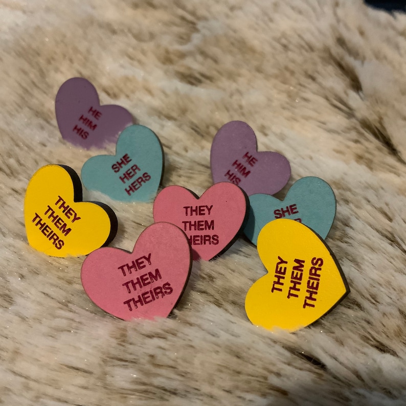Gender pronoun conversation heart stud earrings .5\u201d sheher hehim theythem valentines