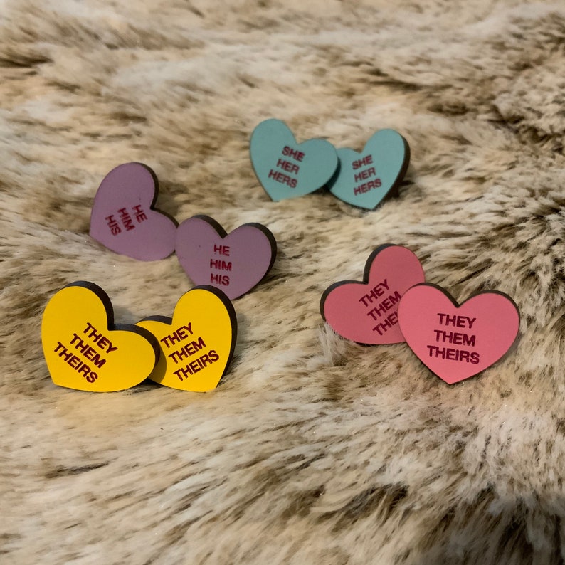 Gender pronoun conversation heart stud earrings .5\u201d sheher hehim theythem valentines