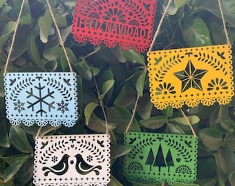Papel Picado wooden christmas mexican themed wood ornaments painted, Feliz navidad. Set of 5
