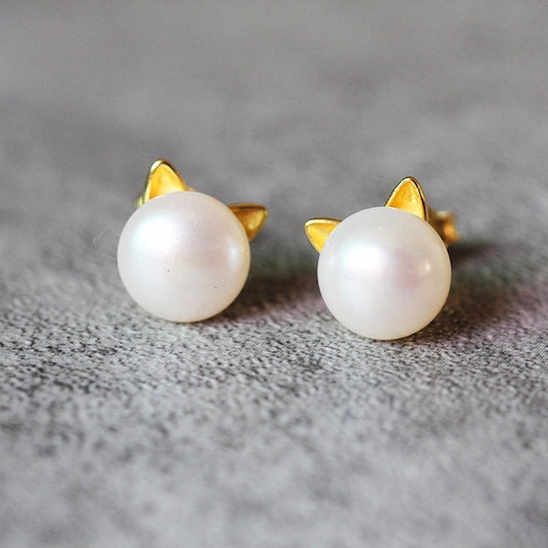Playful Cat & Pearl Drop Earrings