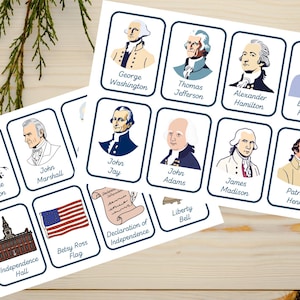 May include: A set of 14 cards featuring illustrations of historical figures and objects related to the American Revolution. The cards include images of George Washington, Thomas Jefferson, Alexander Hamilton, Benjamin Franklin, John Marshall, John Jay, John Adams, James Madison, Patrick Henry, George Mason, Independence Hall, the Betsy Ross Flag, the Declaration of Independence, and the Liberty Bell.