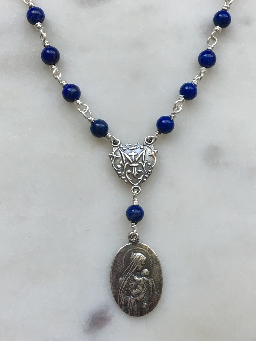 Madonna and Child Necklace - Lapis Gemstones - Sterling Silver - Virgin ...