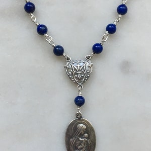 Madonna and Child Necklace - Lapis Gemstones - Sterling Silver - Virgin Mary - Mother of God Pendant