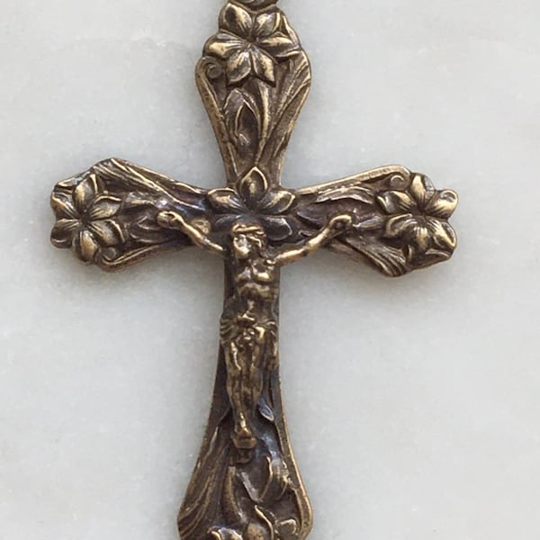 Lilies Crucifix Pendant - Sterling Silver or Bronze - Antique French Reproduction 1162 CeCeAgnes