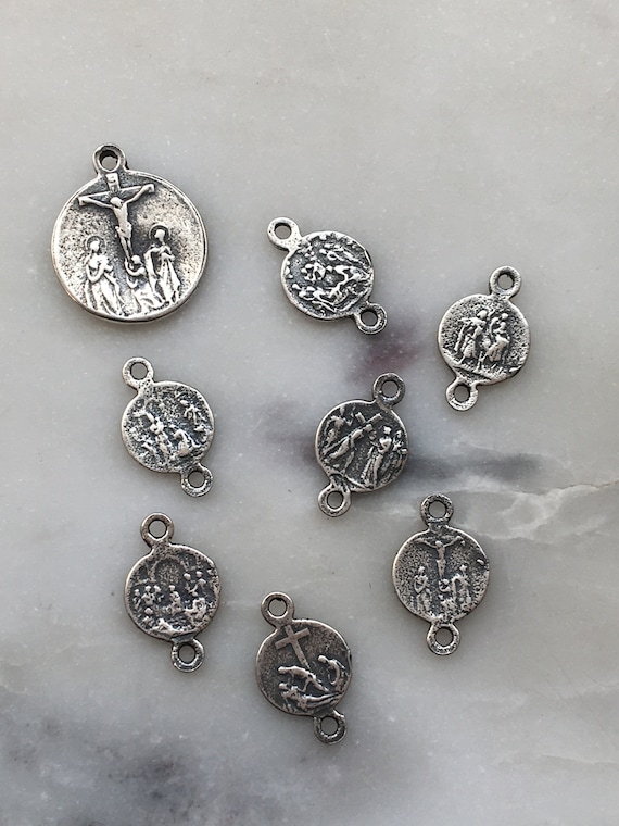 Our Lady of Sorrows Medal: Sterling Silver Rosary Links, Antique
