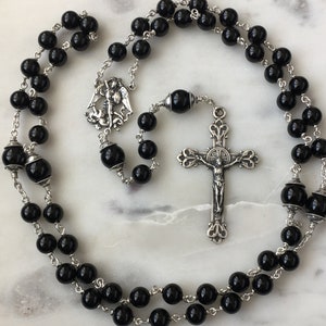 Saint Michael Men's Rosary 8mm Onyx Gemstones All Sterling Silver Replicas of Antique French Medals Sterling Silver Wire CeCeAgnes image 6